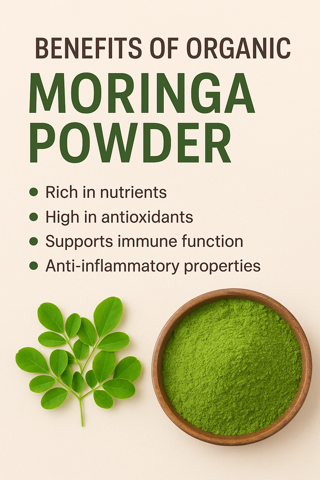 Organic moringa powder in a bowl with moringa leaves